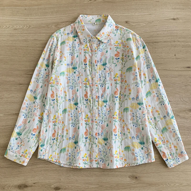 New Summer Cotton Yarn Long Sleeve Shirt, Women Lapel Cartoon Print Top, Mori Girl Casual Vintage Loose Blouses, Autumn T47986QM