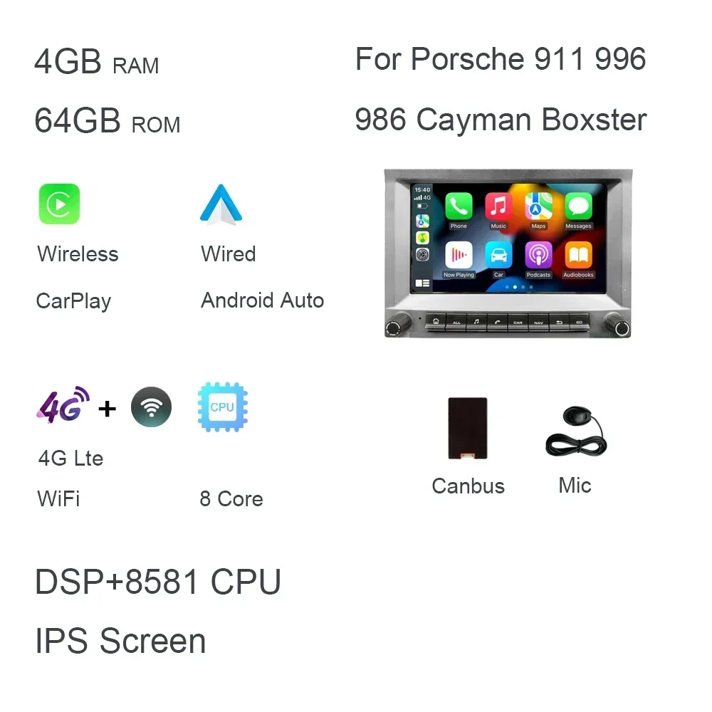 CarPlay 7 "2 din Android 12,0 Auto DVD-player 8 Core 4GB DSP multimedia GPS autoradio Für Porsche 911 996 986 Cayman Boxster