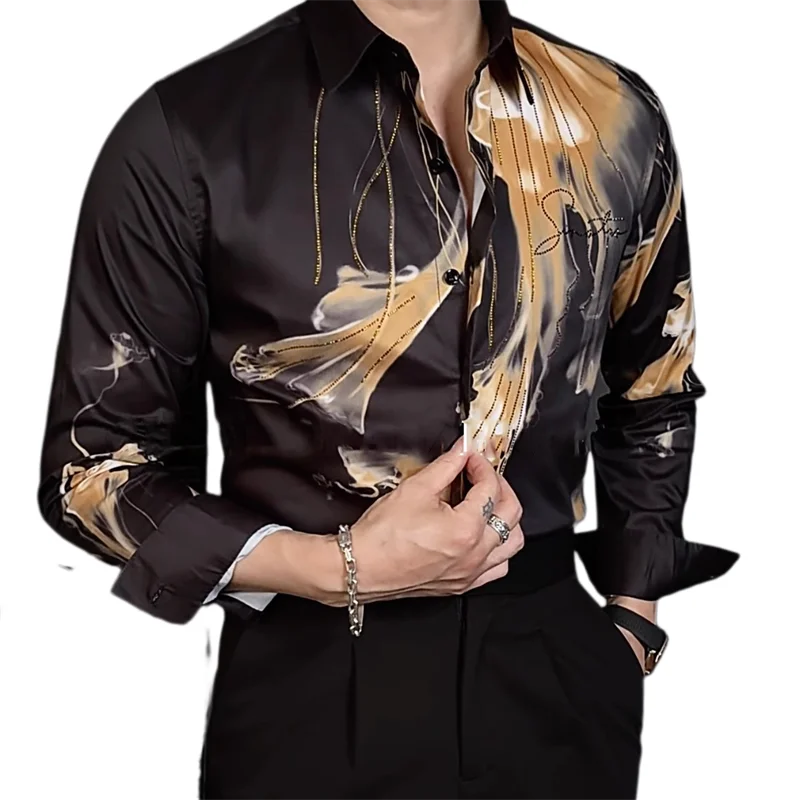 Flower Versatile Hot Diamond Color Contrast Shirt Camisas De Hombre New High Quality Luxury Rhinestones Shirt For Men Trend