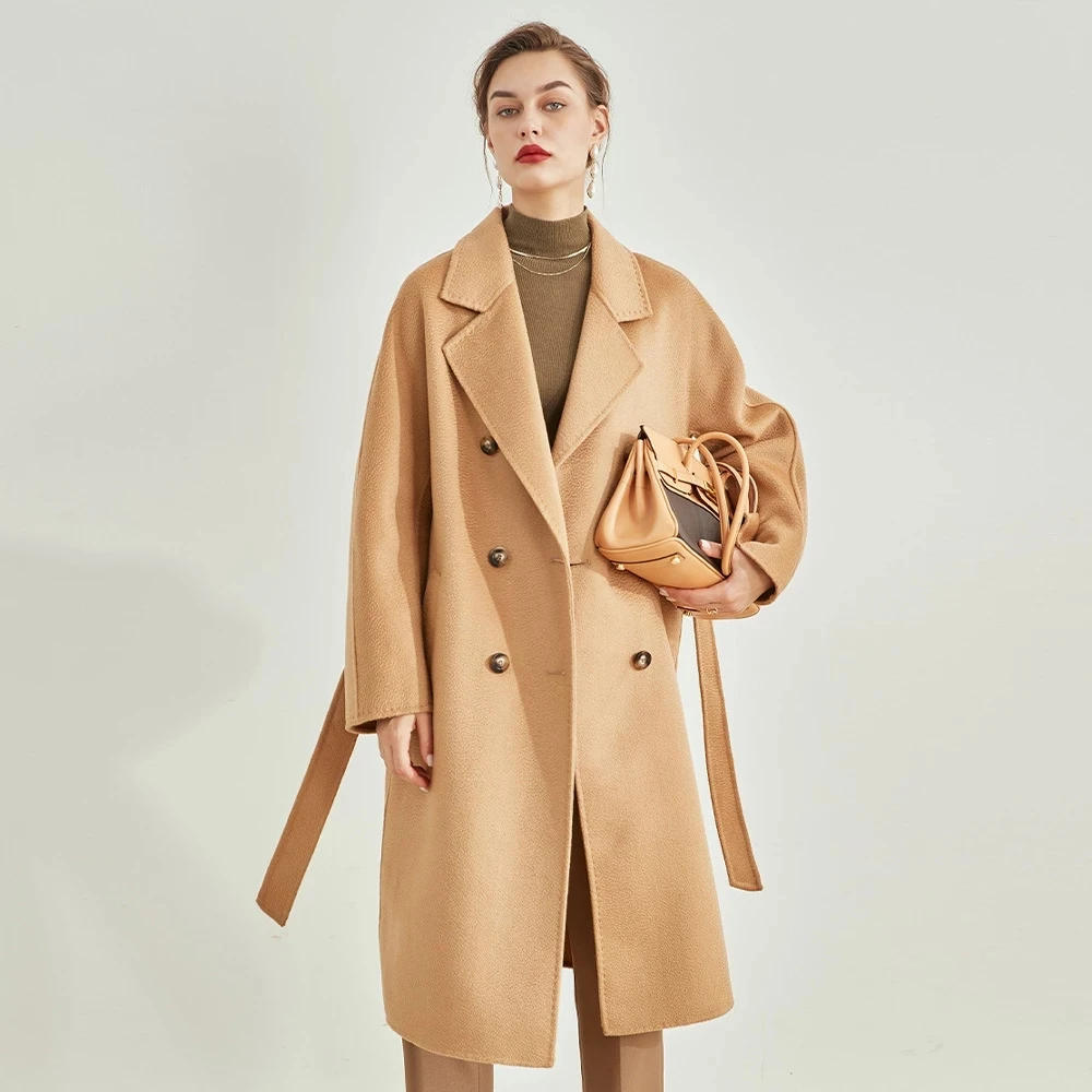 

Long Wool Coat Women's Winter Beige Cashmere Coat Women's Water Ripple Button Fashion Casual Lace-up Camel Coat [20% Cashmere]