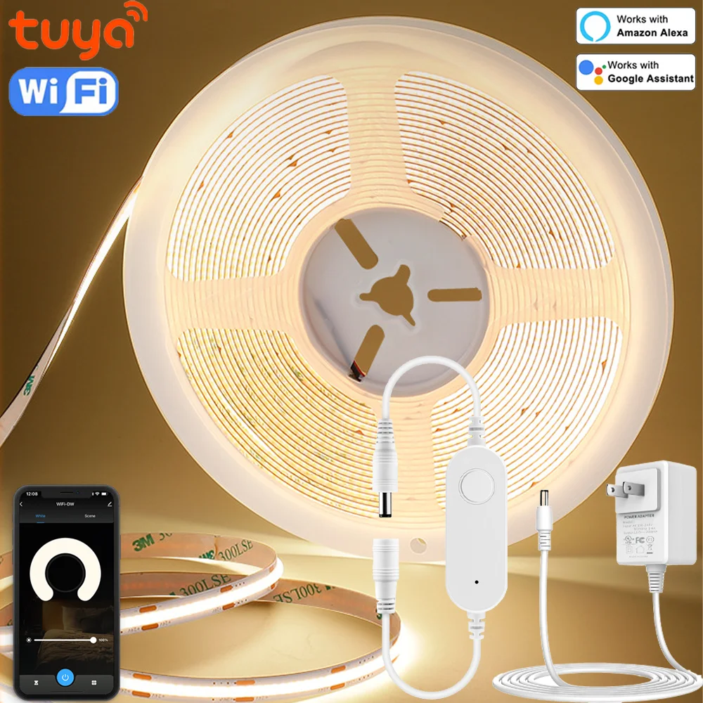 Fita de LED Inteligente Tuya WiFi COB 320 LEDs/M 12V Branco Quente para Iluminação de Armários e Decoração de Ambientes, Compatível com Alexa e Google Assistant