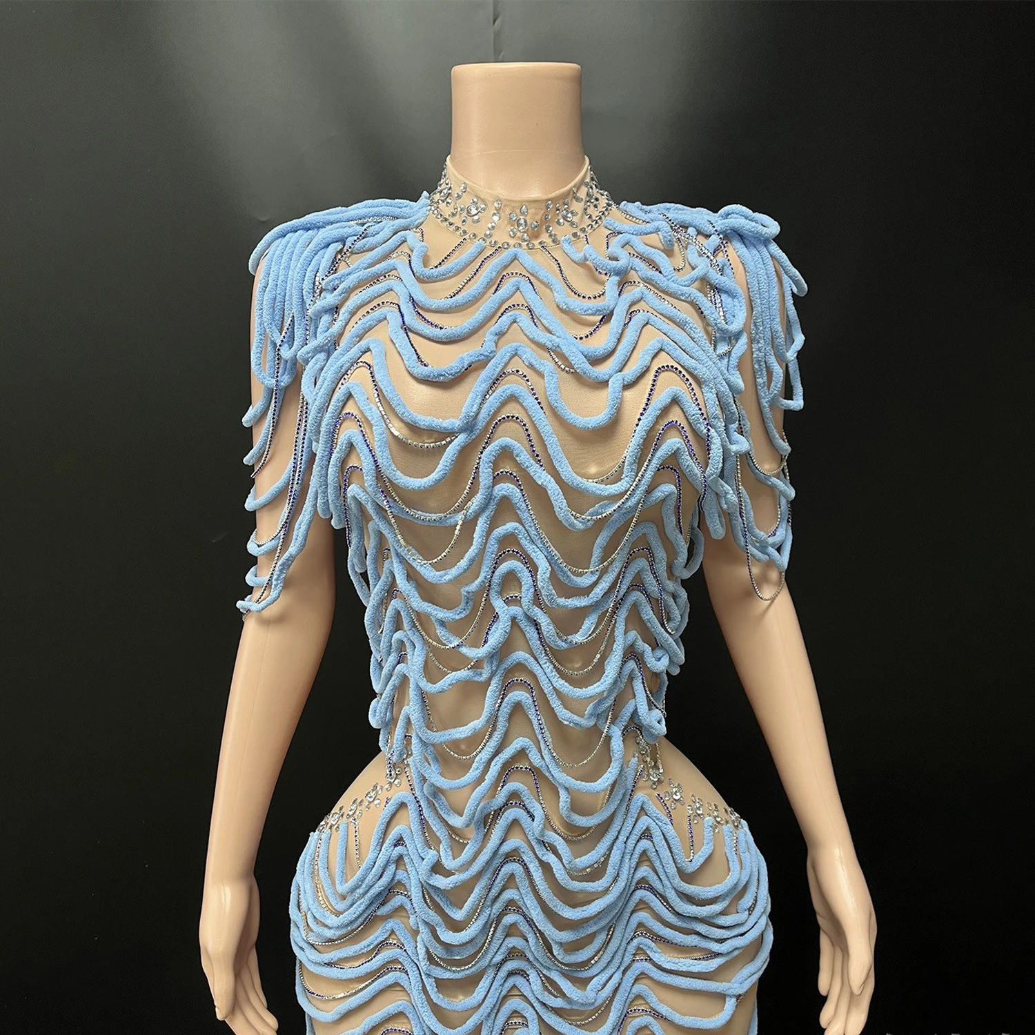 2025 peluche fil maille Perspective robe discothèque Bar Dj Performance scène Costumes chanteur Gogo danseurs vêtements porter DN21078