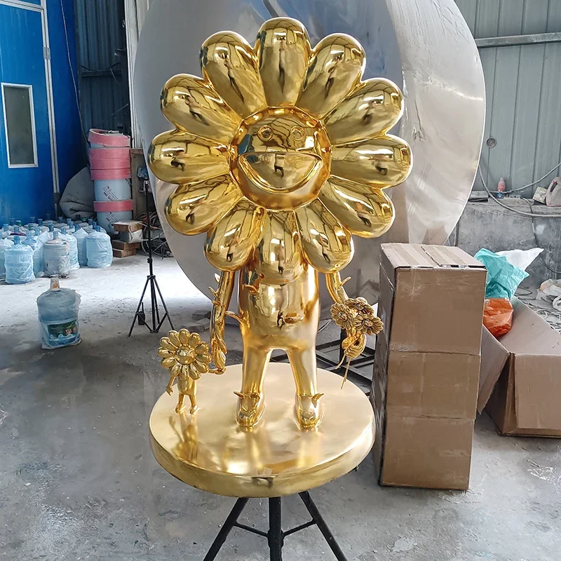 fiberglass art sculpture electroplating golden sunflower statue flower plant animation mall decoration resin crafts