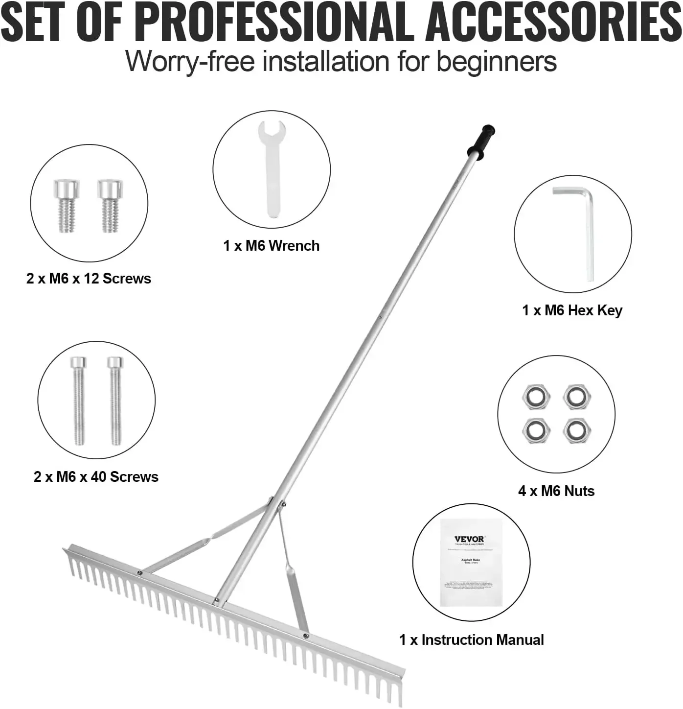 Landscape Rake, 36" Head Aluminum Landscape Rake, Lake Weed Rake with 75" Long Handle, for Loosening Soil, Lawn Care,