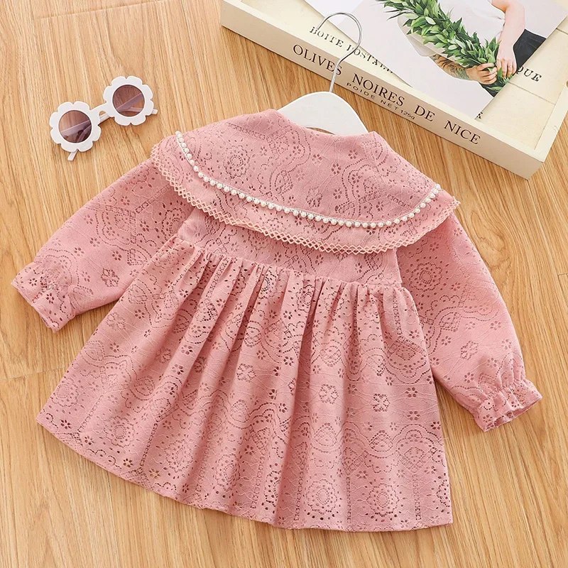 Spring Autumn New Princess Dress For Girls Infant Baby Long Sleeve Solid Pearl Lace Patchwork Tutu Dress Toddler Fall Vestidos