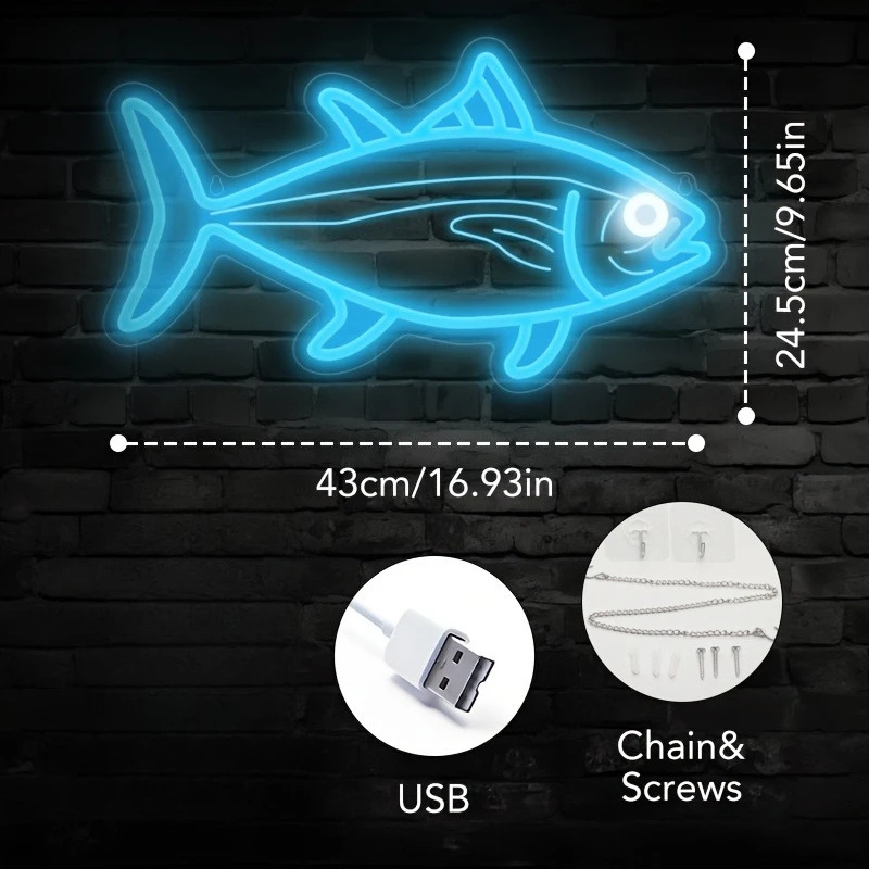 Blue Fish Neon Light Tuna Neon Sign USB Adjustable Brightness for Bedroom Man Cave Home Bar Industrial Rustic Wall Decor Gift