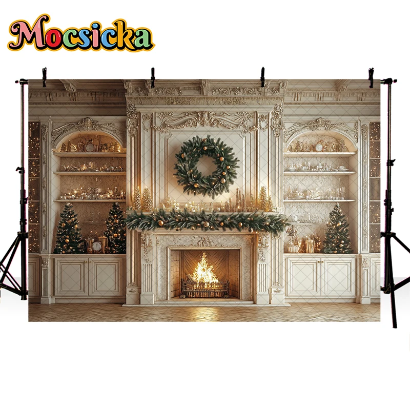 Mocsicka Xmas Living Room Photography Background Fireplace Garland Decor Props Adult Kids Family Portrait Photo Backdrop Studio