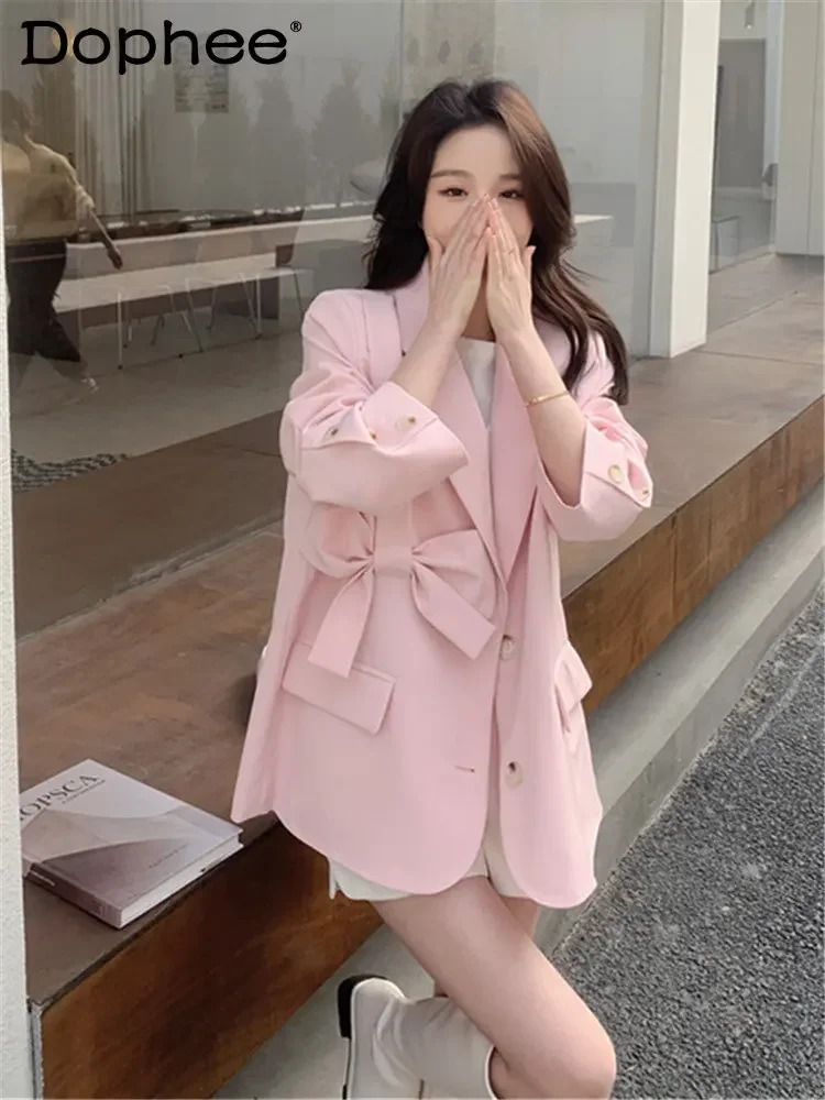 

Sweet Bow Design Pink Suit Jacket for Women 2023 New Spring Autumn Clothes Korean Style High Class Elegant Business Blazer Coat