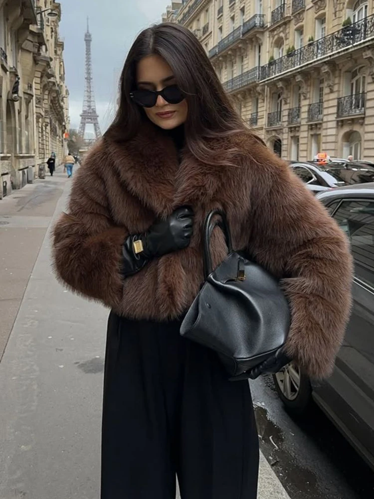 Zadorin casaco de pele sintética marrom, de alta qualidade, gola grande, solto, fofo, jaqueta de pele sintética, roupas de inverno, casaco de pele falsa