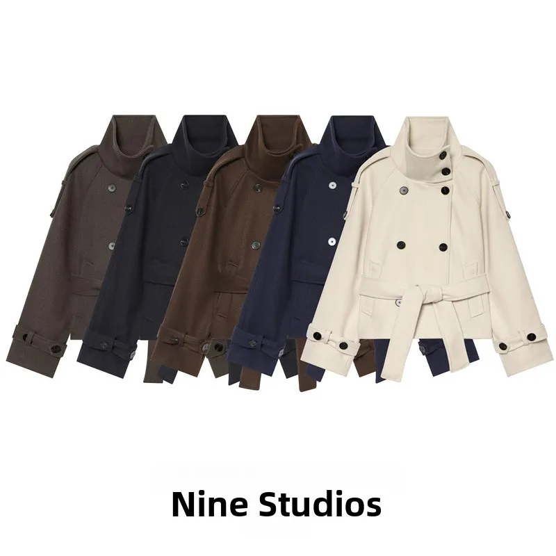 NINE ZAR Women's Soft Woolen Jacket Short Double-Buttoned Belted Coat European Style Long Sleeve Stand Collar Winter Fashion