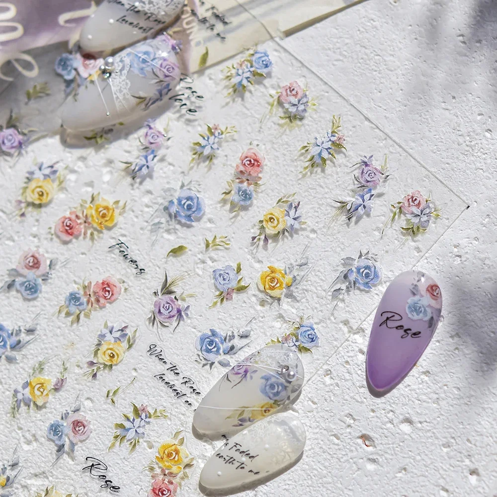 Estampado dorado, corona de flores secas coloridas, planta Floral, pétalo, jardín, encantador 5D, pegatinas autoadhesivas para decoración de uñas, calcomanía para manicura