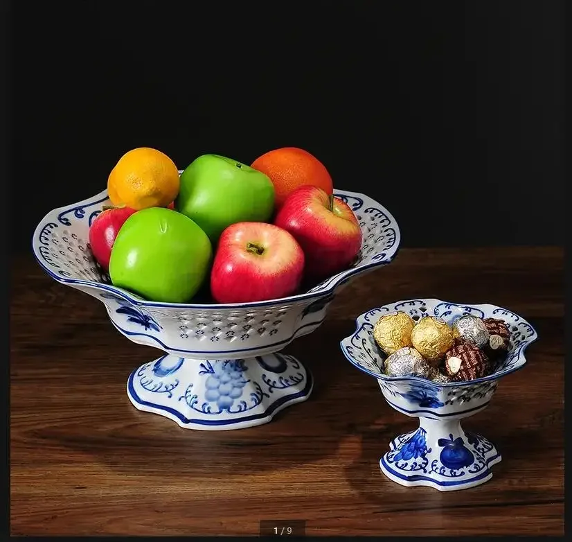 

Blue and White Ceramic Plate Tall Feet Fruit Plate Bowl Refreshment Tray Hollow Snack Tray Decorative Plates Dish Home Tableware