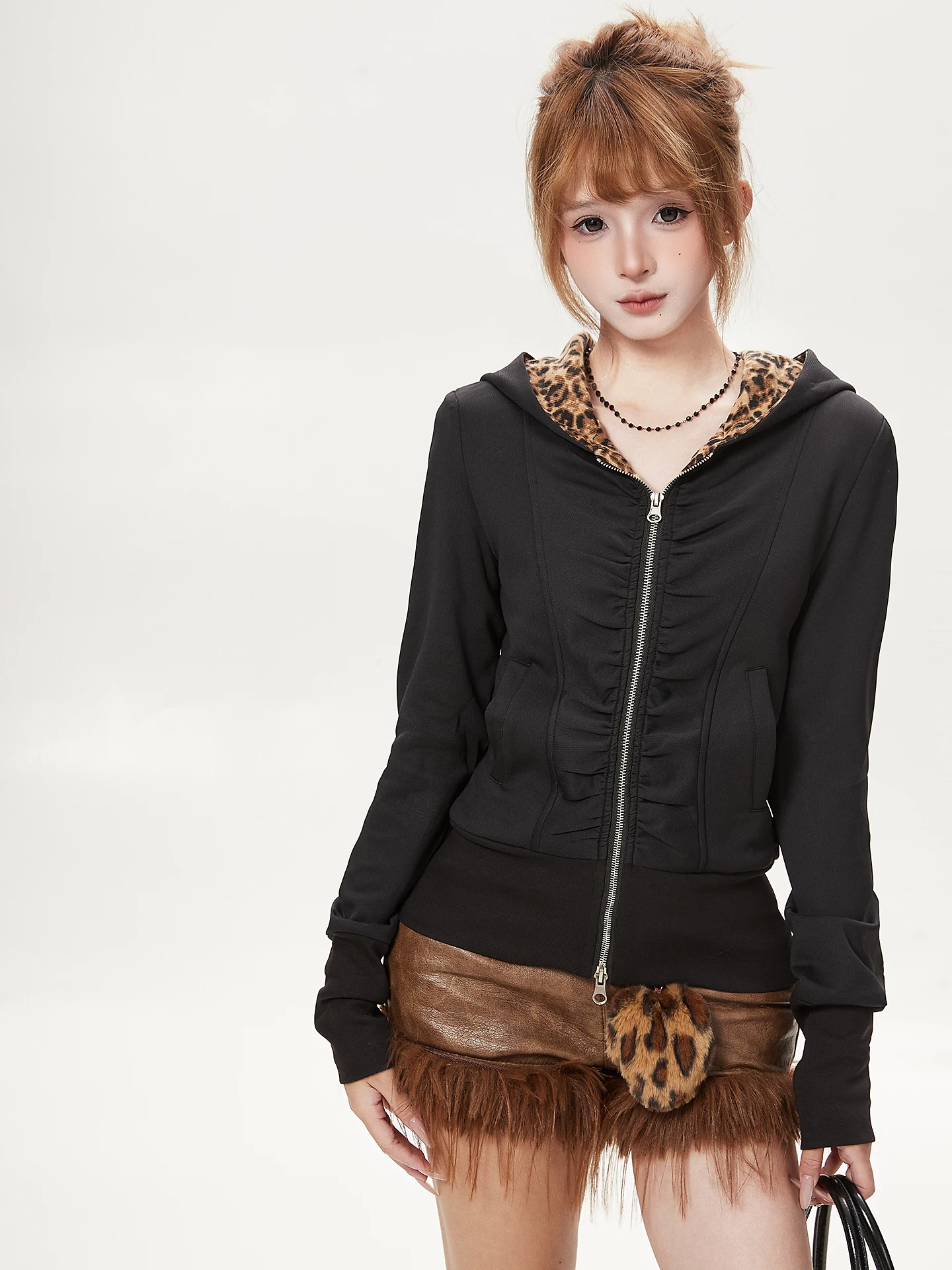 Ant American Retro Style Women's Hooded Jacket Fall Season Spotted Pattern Patchwork Design Sense Zipper Closure Long Sleeve ...