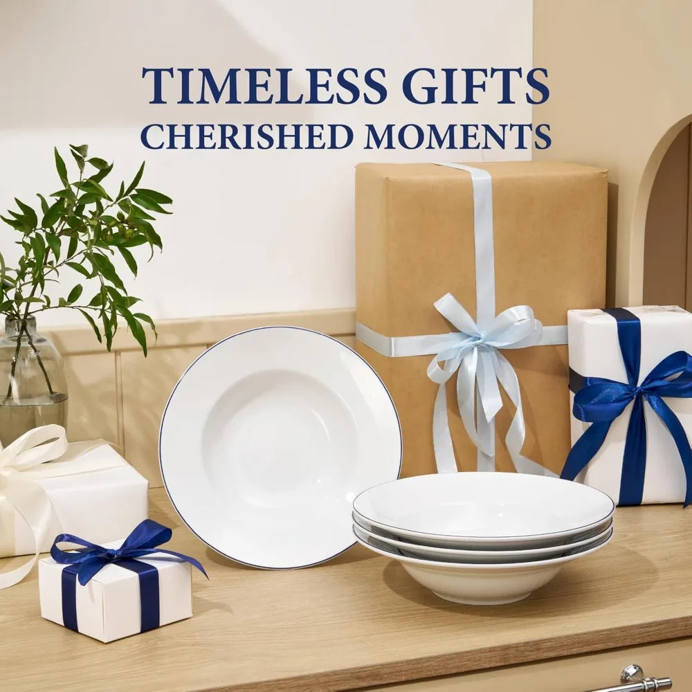 Conjunto de 6 tigelas de macarrão de porcelana branca – ideais para sopa e saladas rasas, além de 9 tigelas de jantar com borda azul para servir, adequadas