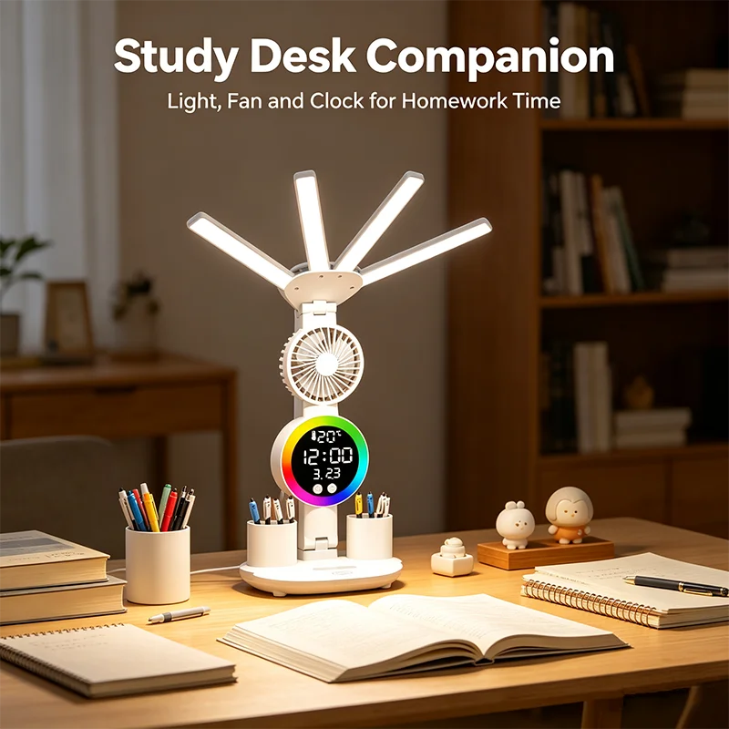 Rechargeable Study Desk Lamp LED Reading Table Light with Fan Clock Display Multifunctional Bedside Reading Lamp