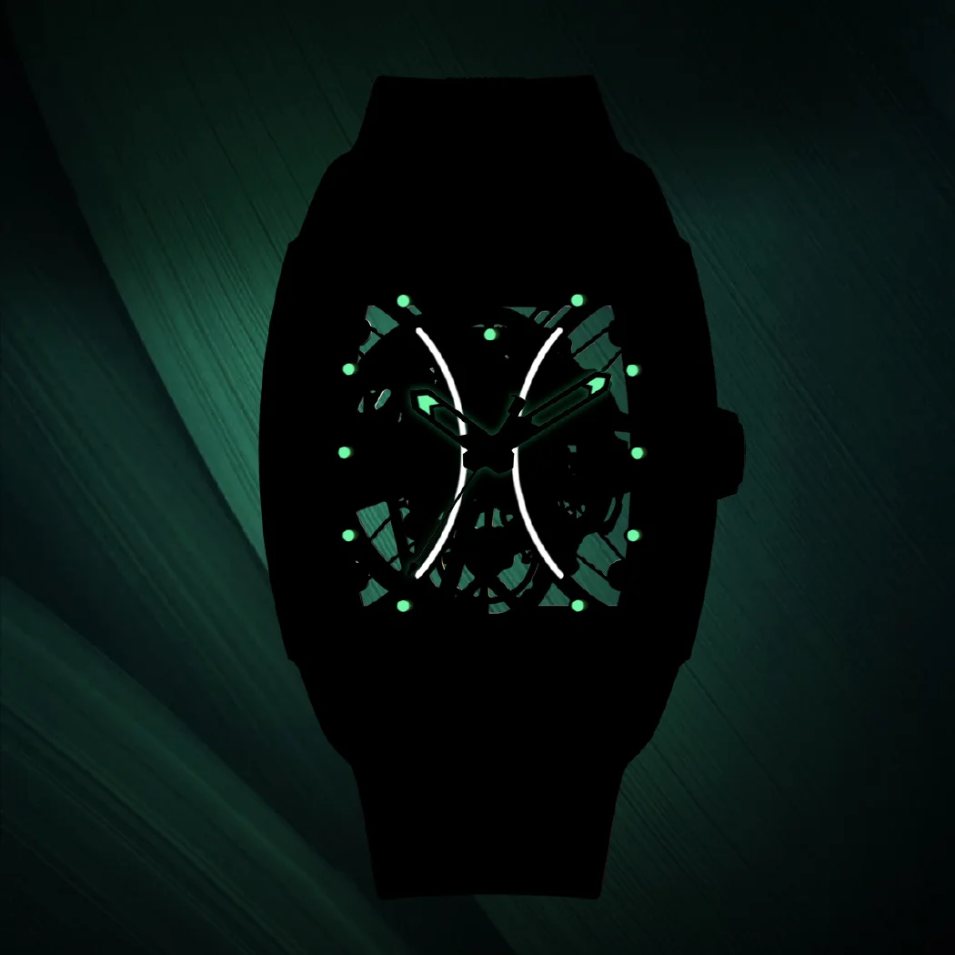 مستطيل العلامة التجارية الرجال التلقائي الميكانيكية ساعة الموضة الهيكل العظمي مضيئة النبيذ برميل ألياف الكربون حالة المطاط حزام مقاوم للماء EM