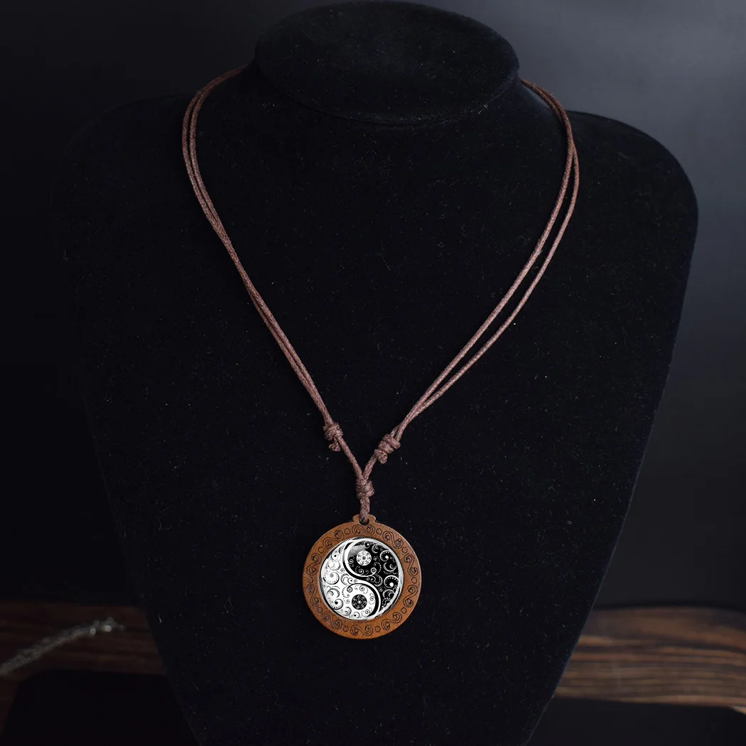 Yinyang Taichi Wooden Necklace Yin Yang Cat Tree Glass Pendant Adjustable Rope Chain Necklaces Black White Retro Jewelry Gift