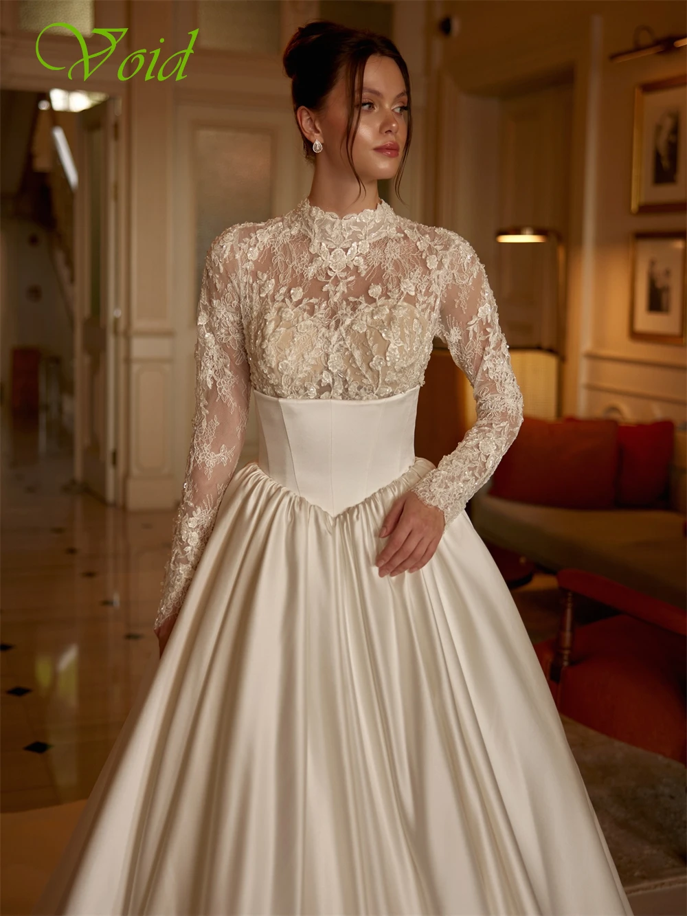 فستان زفاف مثير من الساتان الأبيض مخصص رسمي برقبة دائرية وأكمام طويلة زي العرائس ناعم على شكل حرف a ذيل شابيل فيستدو دي نوفيا #6