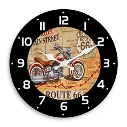 Fashionable Route 66 Motorcycle Wooden Wall Clock Living Room Bedroom Kitchen Home Decoration Silent Quartz Clock Holiday Gift 10 Inches 12 Inches 14inch 16inch (No Battery)