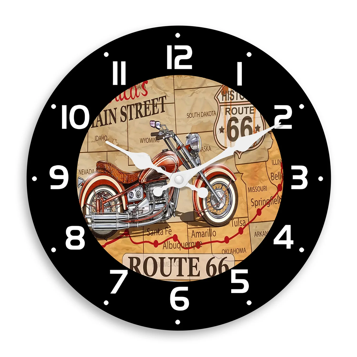 Fashionable Route 66 Motorcycle Wooden Wall Clock Living Room Bedroom Kitchen Home Decoration Silent Quartz Clock Holiday Gift 10 Inches 12 Inches 14inch 16inch (No Battery)