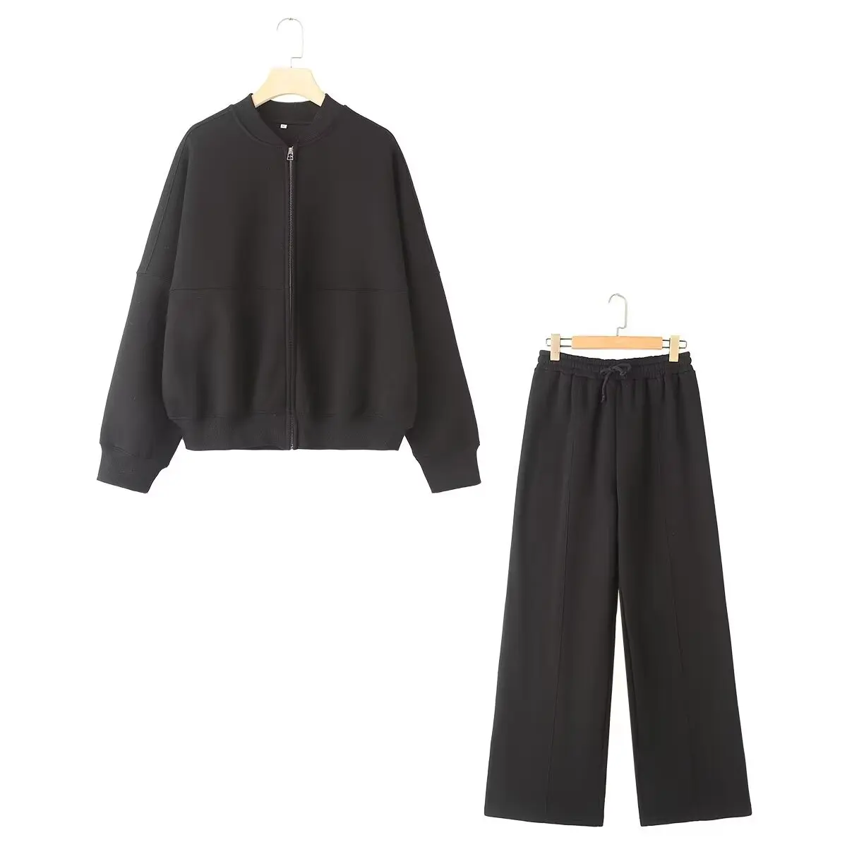 NONE HH Damen Herbst 2-teilig Retro einfarbig Reißverschluss Bomberjacke Sweatshirt + hohe Taille Schnürung Damen Hose mit weitem Bein Street Wear 7