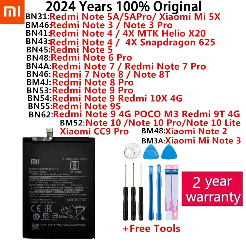 100% Original Battery Xiaomi Redmi Hongmi MI Note 2 3 4 4X 5A 5X 6 7 8 8T 9 9S 9T 10 10X 4G CCP Pro Lite Phone batteries Bateria