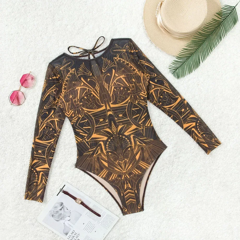 ผู้หญิง Retro พิมพ์ Scoop คอแขนยาว One Piece ชุดว่ายน้ํา High Cut ชุดว่ายน้ําชุดว่ายน้ําชุดว่ายน้ํา