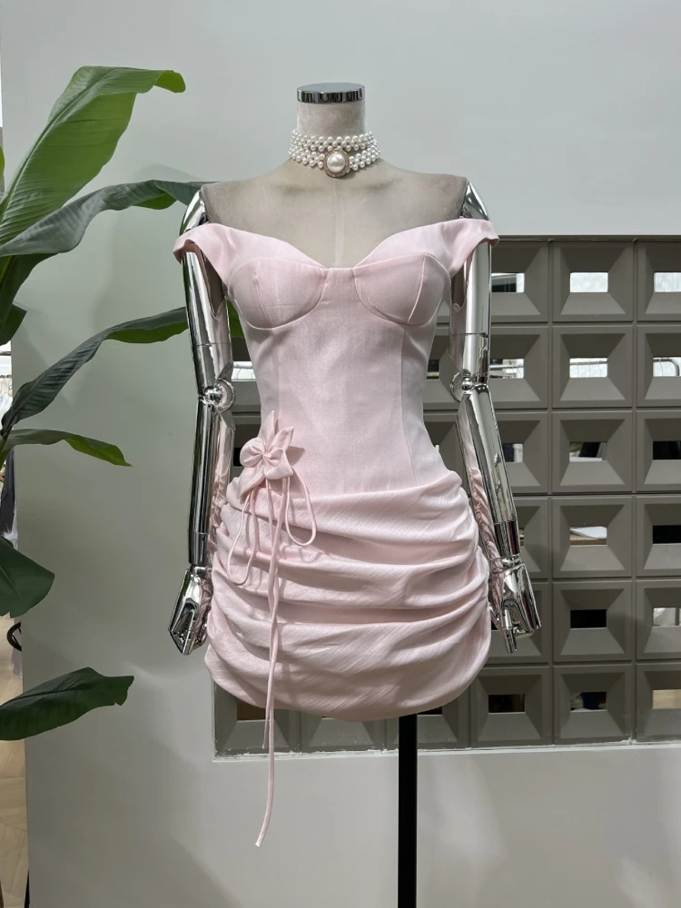 2025 sexy fora do ombro design floral mini vestido feminino rosa sem mangas apliques dobras vestidos finos vestidos de festa à noite