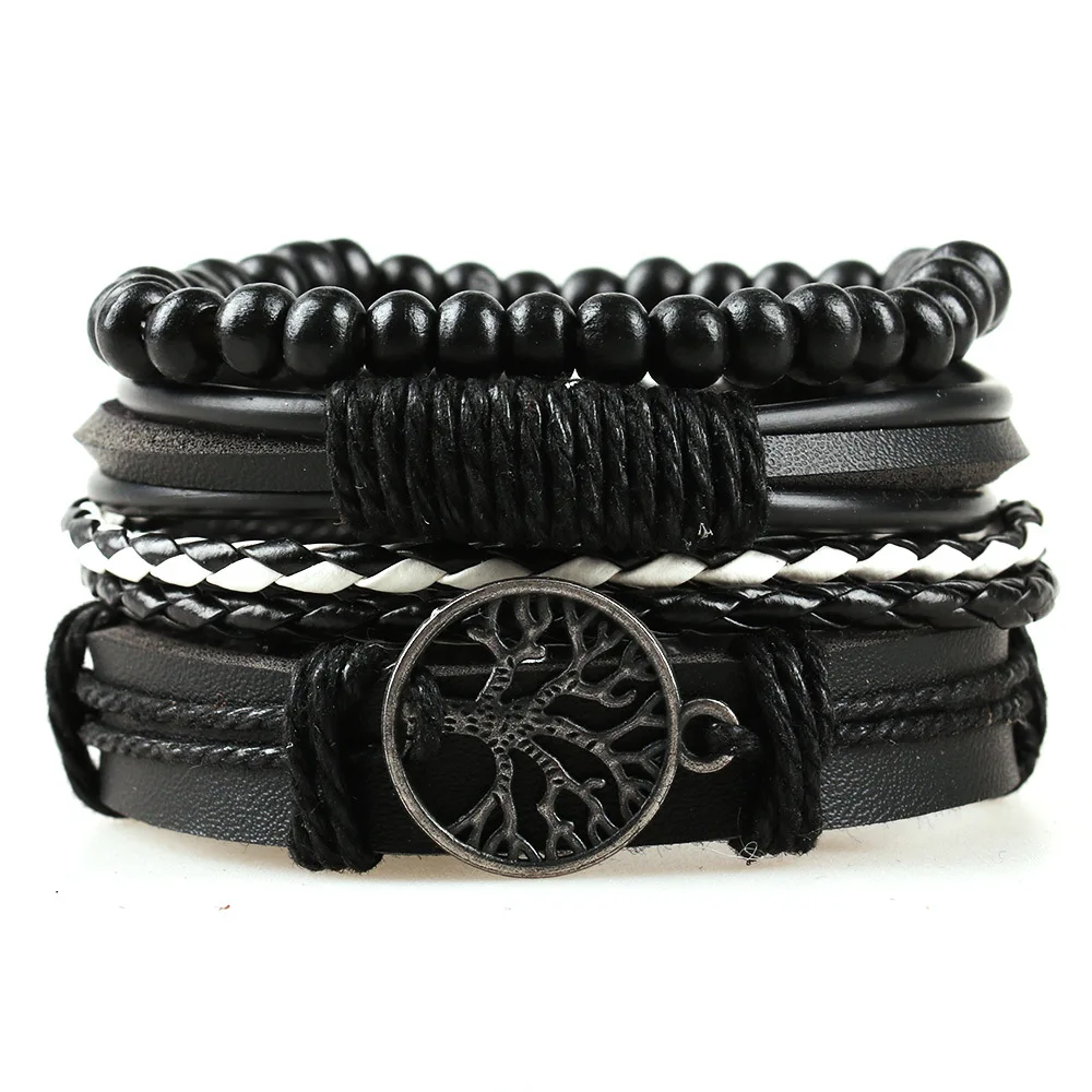 Accessori in lega albero della vita Set di quattro combinazioni bracciale da uomo in pelle perline di legno ornamento in pelle intrecciata a mano