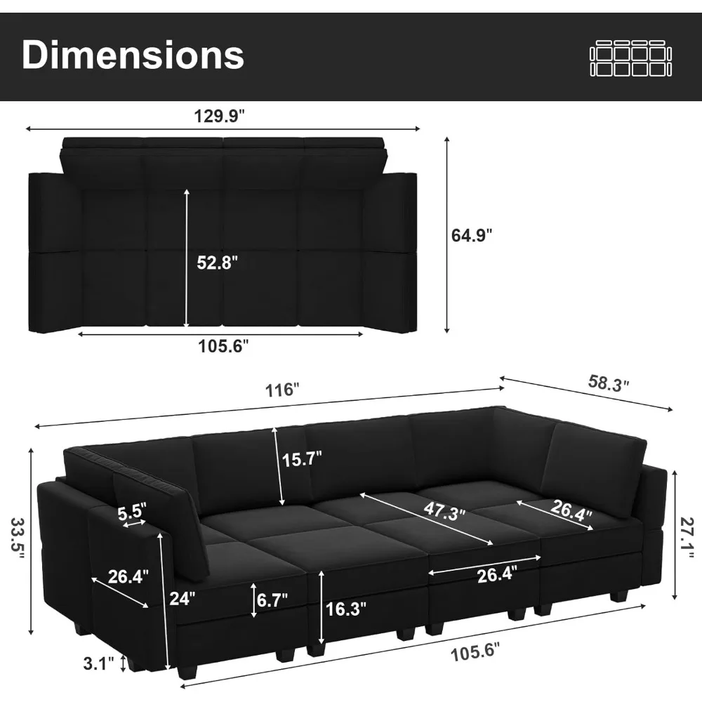 Modular Sectional Sofa with Storage Chaises Sectional Sleeper Sofa Couch 8 Seat Sectional Sofa Bed Black