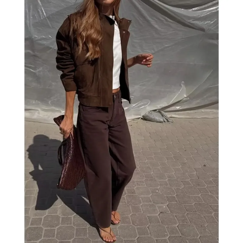 Women Suede Leather Jacket with Pockets Autumn Fashion High Collar Long Sleeve Button Jacket Lady Coats Causal Female Chic Tops
