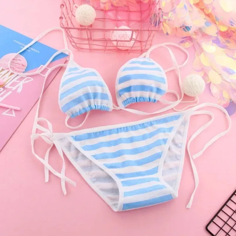 Japanese Lolita Kawaii Striped Mini Bra Set Women Sexy Lingerie Set Adult Cosplay Erotic Costumes Underwear