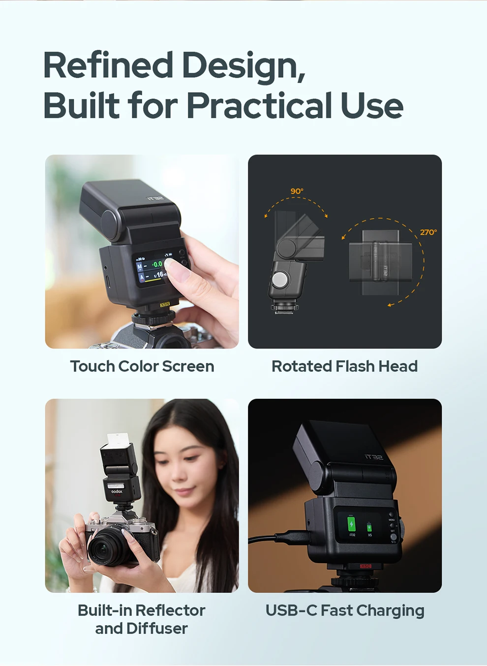 Godox IFlash IT32 Blitzgerät mit Glasfolie X5 TTL Drahtloser Magnetischer Blitzauslöser HSS Drehkopf Speedlite für C/N/S/F/O/L – Detail 8