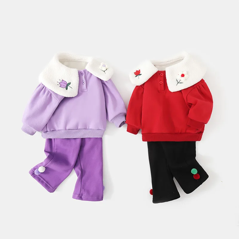 2023 Autumn Winter Children Clothing Sets For Girls Sweatshirts+Pants 2Pcs Suits Fleece Thicken Warm Toddler Baby Casual Outfits