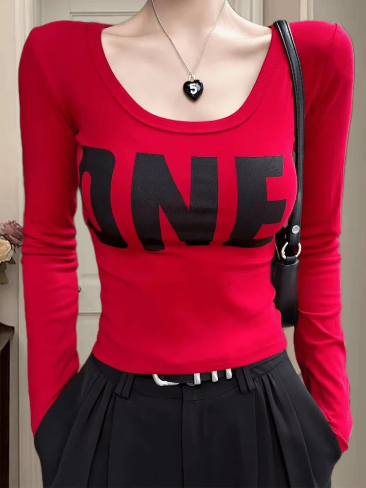 Early Autumn Letter Print Slim Fit U-Neck Curve T-Shirt Women's Fashionable Commute Style Korean Version Long Sleeve Top