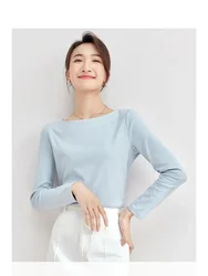 SENTUBILA Cotton Slash Neck T-shirt for Women 2024 Autumn Simple Slim Fit Long Sleeve Casual Basic Women Clothing 143T57728X