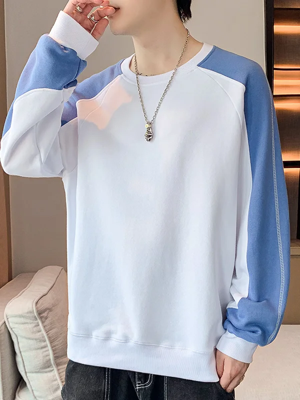 Camiseta Masculina Estilo Coreano com Capuz, Manga Longa, Gola Redonda, Patchwork, Caimento Solto, Casual, Jovem e Moderna