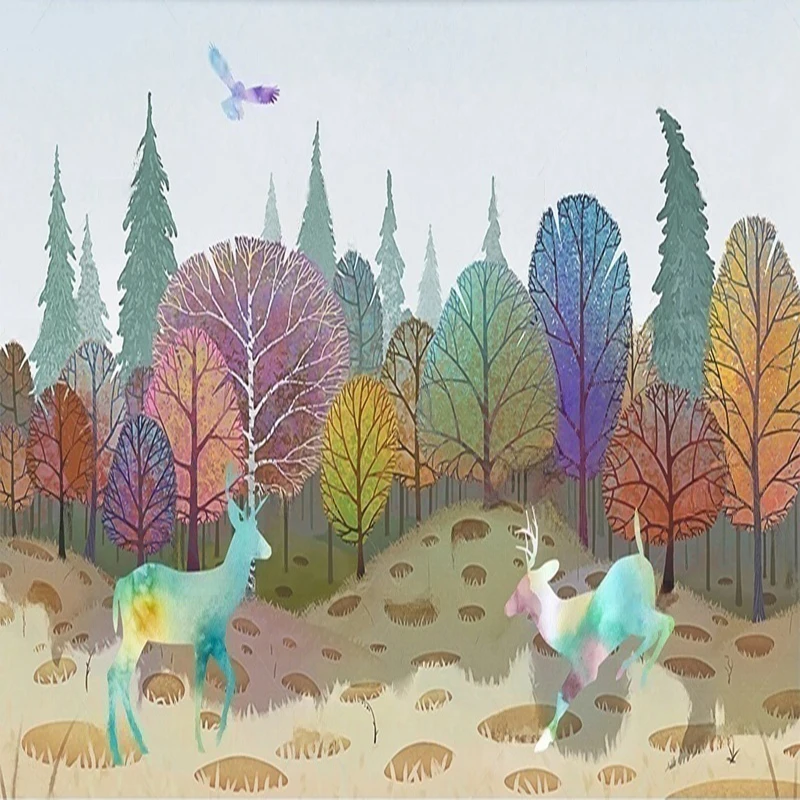 MU8742 Hand-painted forest sika deer landscape background  Wall paper Bedroom Living Room Home Decor