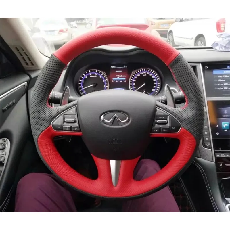 For Infiniti Q50 QX50 2014 2015 2016 2017 Hand-stitched Leather Car Steering Wheel Cover Braid Full Coverage Accessories