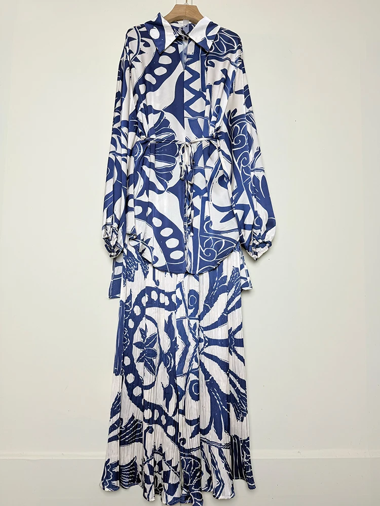2026 Spring Women's Clothing Retro Geometric Print Lapel Pullover Loose Long Shirt Two-piece Set + Drape Wide Leg Pants Suit
