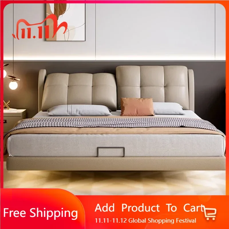 

Minimalist Modern Storage Double Bed Luxury Leather Design Queen Loft Double Bed Space Saving Luxury Muebles Hotel Furniture