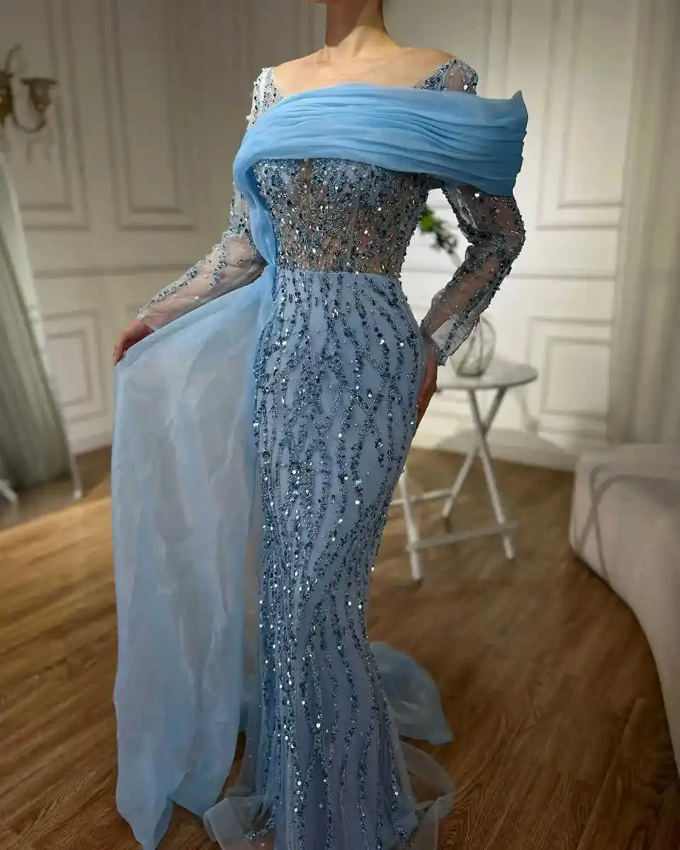 Classic Evening Dresses For Women Sheer Neck Long Sleeves Gown Sequins Prom Party Sweep Train Customized Dress