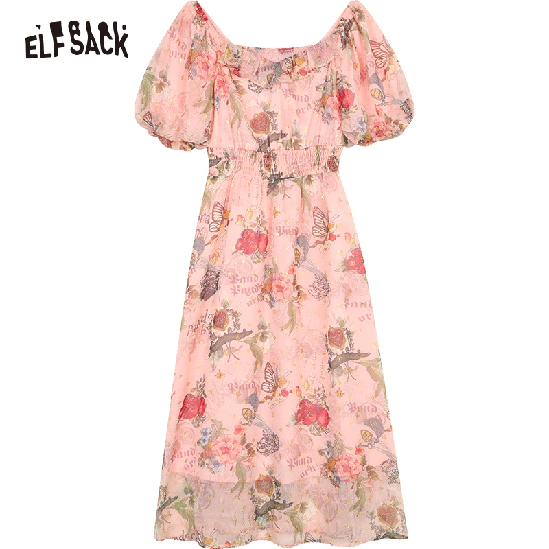 ELFSACK 2024 Summer New Puff Sleeve Floral Pattern Waist-Lining Temperament Holiday Princess Dress for women