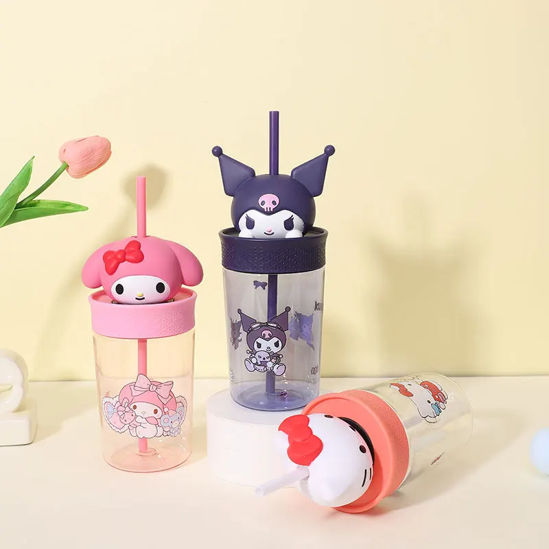 Hello Kitty Straw Cup Anime Cartoon Stitch Kuromi Melody Big Head Coffee Cold Mug Cute Travel Outdoor Water Drinking Cup Gifts