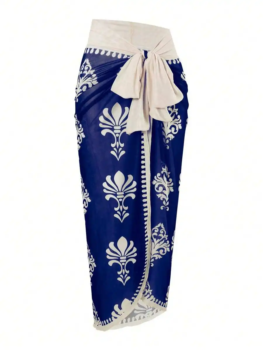 

Women Blue White Floral Print Wrap Skirt Beach Cover Up Summer Casual