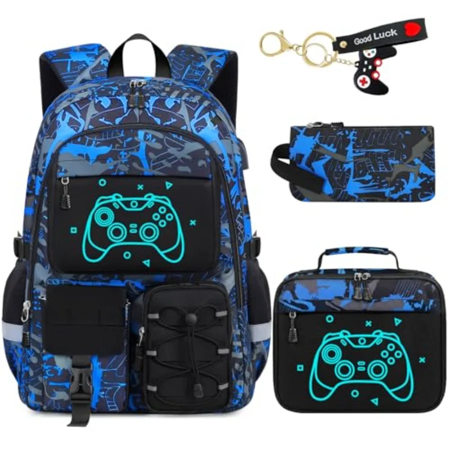 

School Backpack for Boys - 4pcs Gamer Boys Backpack with Lunch Box Set for Teens Elementary Middle High School, 18″ Large Capac