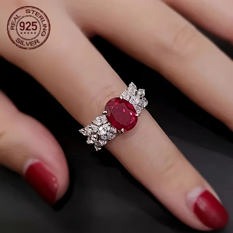 

Luxury Oval Cut 3ct Lab Ruby 925 Sterling Silver Ring Women Dazzling Zircon Wedding Party Engagement Anniversary Gifts