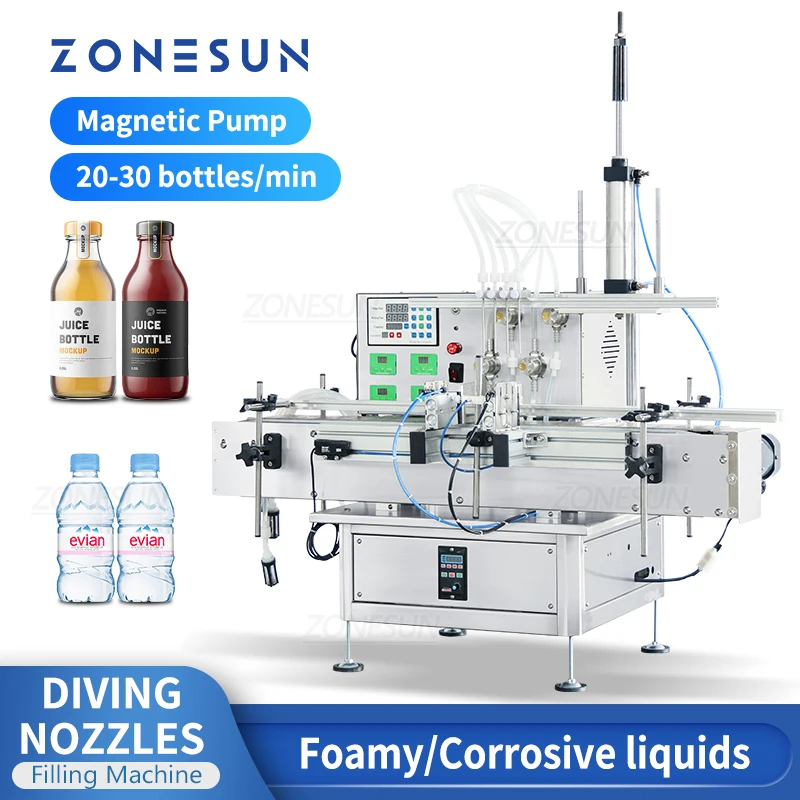 ZONESUN Tabletop Automatic 4 Diving Heads Juice Milk Essential Oil Filling Machine Jar Vial Can Filler With Chain Conveyor