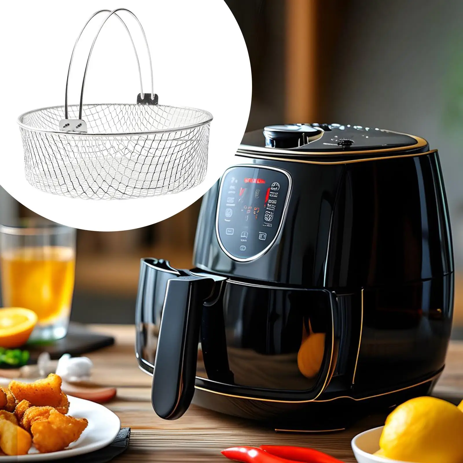 

Air Fryer Basket with Handle Steaming Rack Stainless Steel Mesh Basket for Chicken