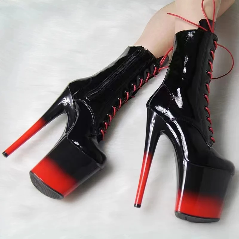 IDEAL MA 17-20cm Black And Red Baking Paint Ultra-fine High-heeled Steel Pipe Dance Short Boots Nightclub Fashion Show Boots